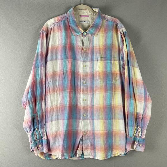 Tommy Bahama Linen Shirt Mens XXL 2XL Plaid Long Sleeve Button Up Beach Ombre - Picture 1 of 15